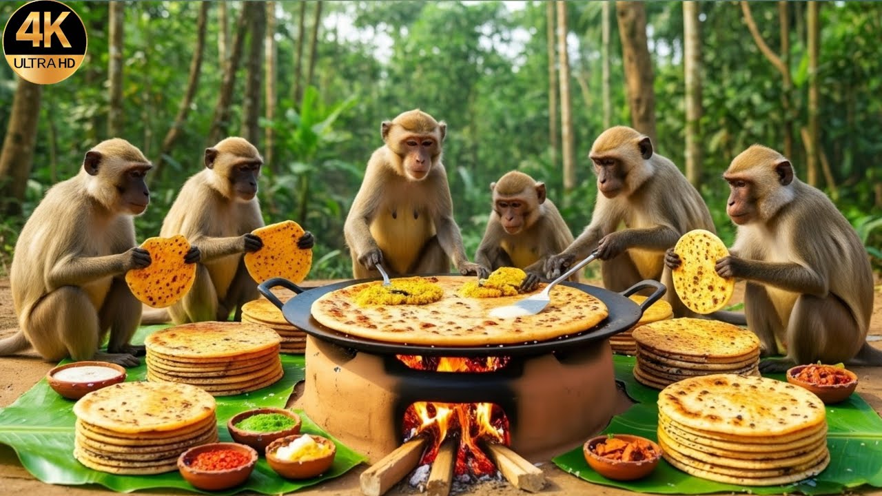 बन्दरो ने मिलकर बनाए स्वादिष्ट आलू के पराठे//aalu ke parathe#monkey village cooking 