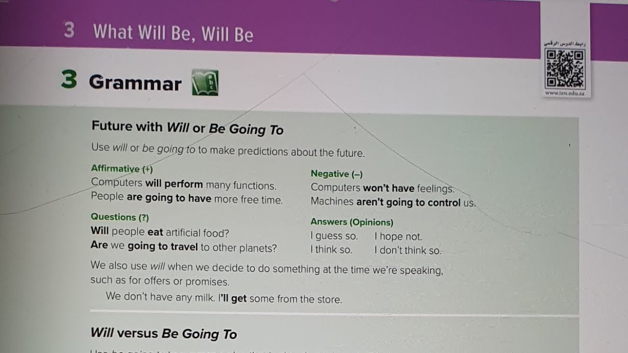 انجليزي اول ثانوي وحده 3 Future with will or Be Going To