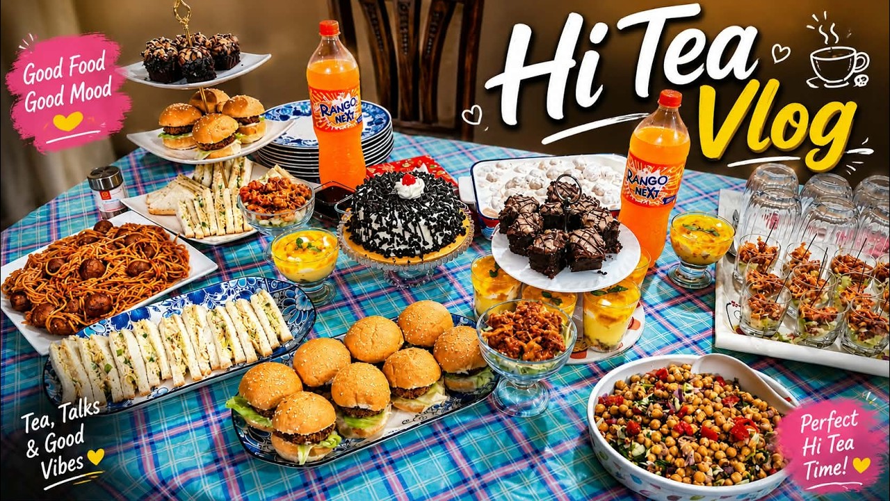 Hi Tea Party Menu Ideas , Mango Delight , Spaghetti , Mini Burger ,Sendwich , Chocolate Cake , Chaat