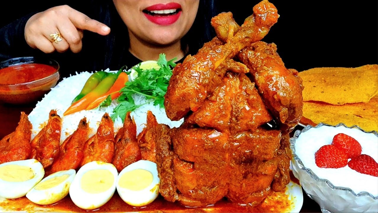 ASMR:SPICY WHOLE ROASTED CHICKEN+SPICY  PRAWN BHUNA+BOILED EGG+BASMATI RICE ||ZAKIA-SPICY ASMR