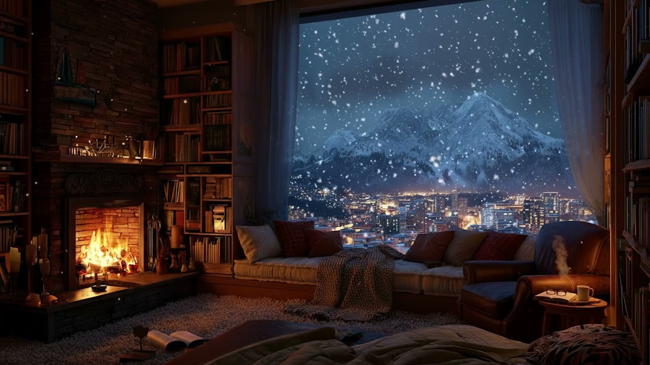 Peaceful Snowy Cabin Night | Cozy Fireplace Sounds and Soft Falling Snow for Deep Sleep