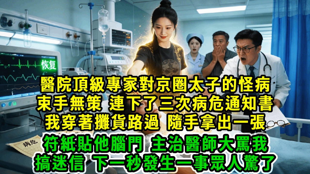 醫院頂級專家對京圈太子的怪病束手無策，連下了三次病危通知書，我穿著攤貨路過，隨手拿出一張符紙貼他腦門，主治醫師大罵我搞迷信，下一秒心電圖奇蹟恢復，太子爺百萬感謝眾人驚了...#風起雲湧 #爽文