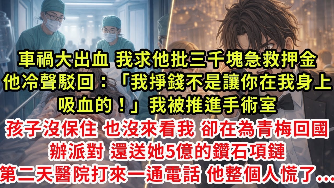 車禍大出血，我求他批三千塊急救押金 他冷聲駁回：「我掙錢不是讓你在我身上吸血的！」我被推進手術室，孩子沒保住，他也沒來看我卻在為青梅回國辦派對，送她5億的鑽石項鏈 第二天醫院打來一通電話 他整個人慌了