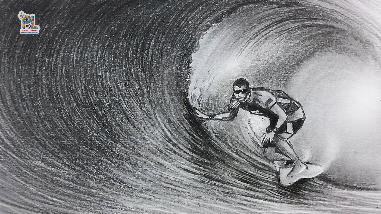 How to draw A Man Surfing On Surf Board in Ocean with Pencil || Pencil Shading