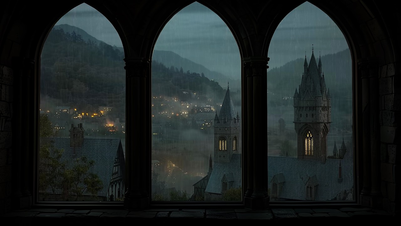 Peaceful Rainstorm at a Castle Window 🏰 Thunder and Rain Sounds for Deep Sleep