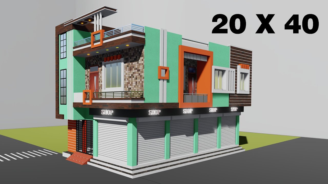 निचे चार दुकान ऊपर तीन रूम का मकान 3D 20 by 40 corner shop plan 20x40 dukan or makan ka naksha