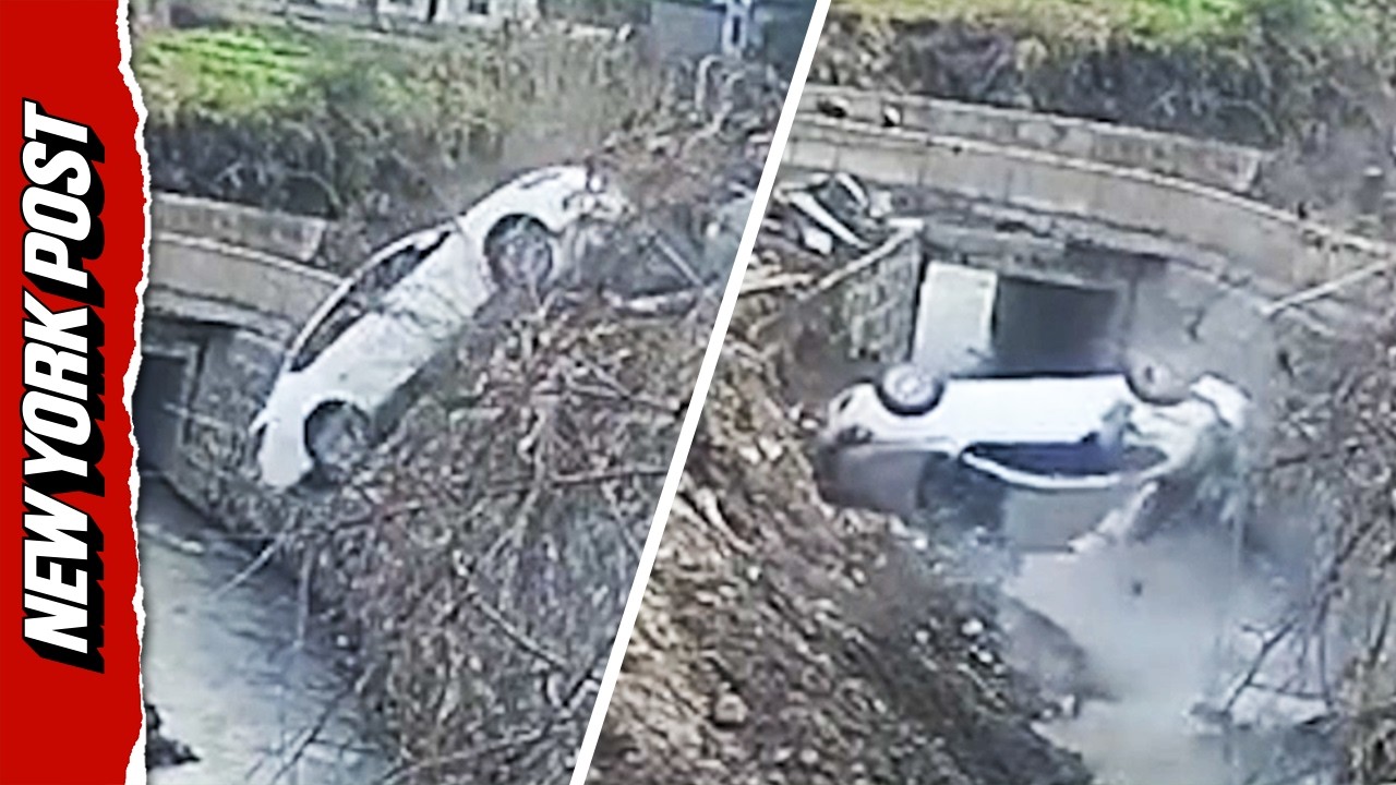 TERRIFYING Moment Car Plunges Backwards into Creek