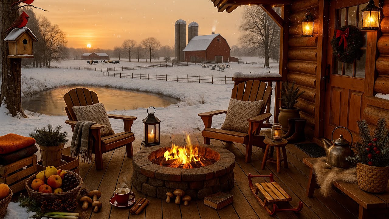 ❄️🔥 Cozy Winter Farmhouse Porch Campfire | Snowy Fields & Peaceful Nature Ambience 🌨️🏡