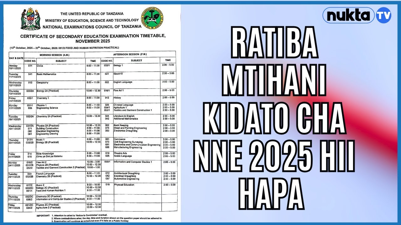 NECTA YATANGAZA RATIBA YA MTIHANI KIDATO CHA NNE 2025 , HII HAPA