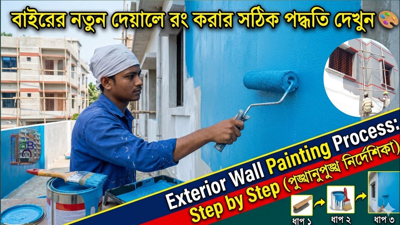 বাইরের নতুন দেয়ালে রং করার সঠিক পদ্ধতি দেখুন🎨 | Exterior Wall Painting Process Step by Step