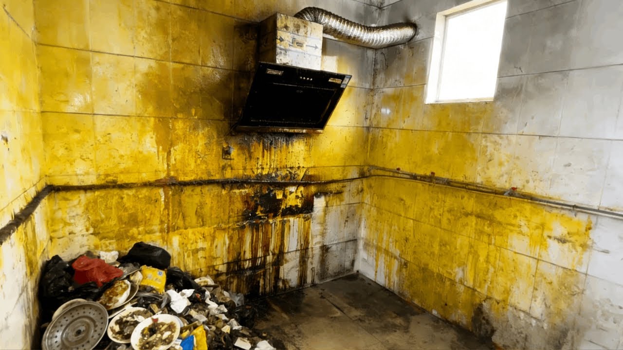 Desafiando a cozinha mais suja da história! A gordura está tão espessa que não dá para raspar.