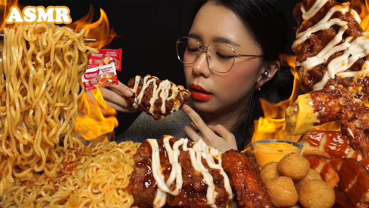 ASMR Spicy RICHEESE Mie Goreng Noodles & Truffle FIRE CHICKEN 🔥🧀 | Eating Sounds