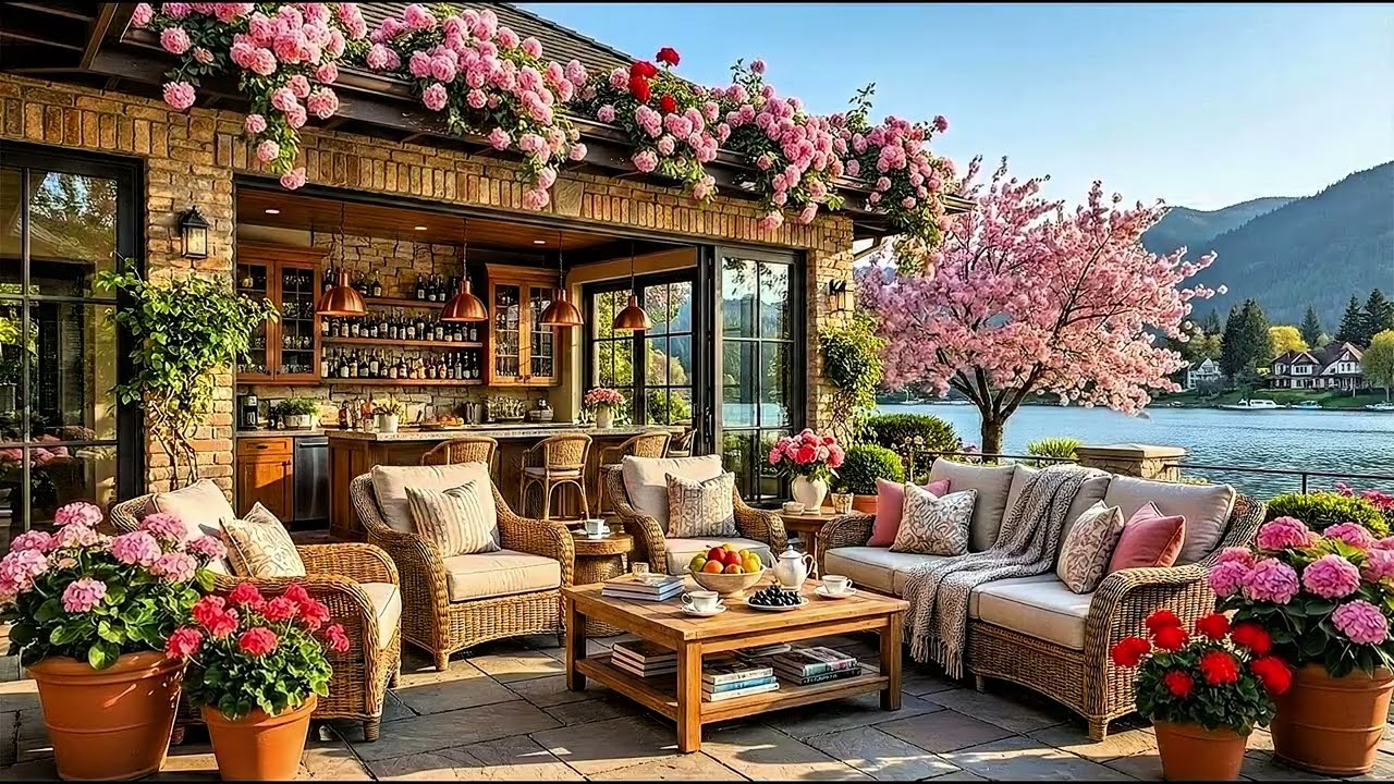 Morning Spring Jazz 🌸 Gentle Jazz Music at Cozy Outdoor Coffee Shop Ambience for Mood Booster, Study