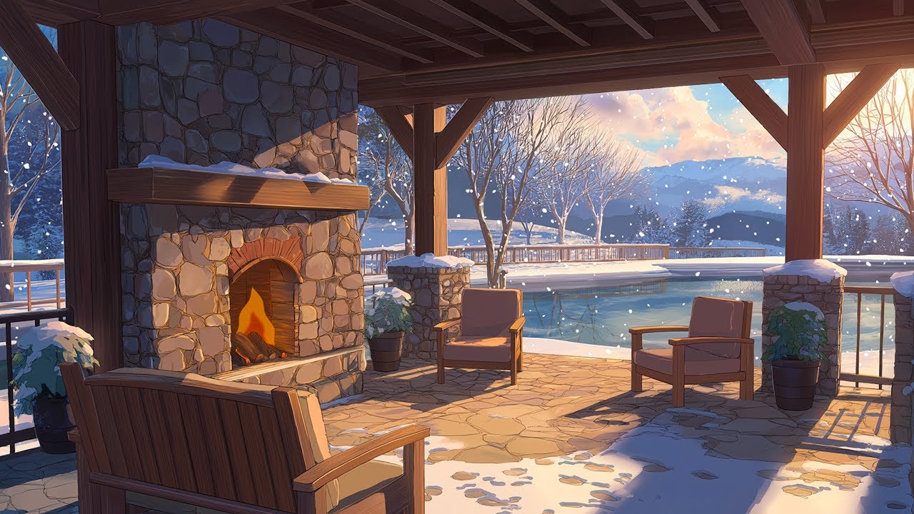 Cozy Snowy Porch Ambience ❄️ Soft Jazz Music and Warm Fireplace for Reading, Relaxing and Focus