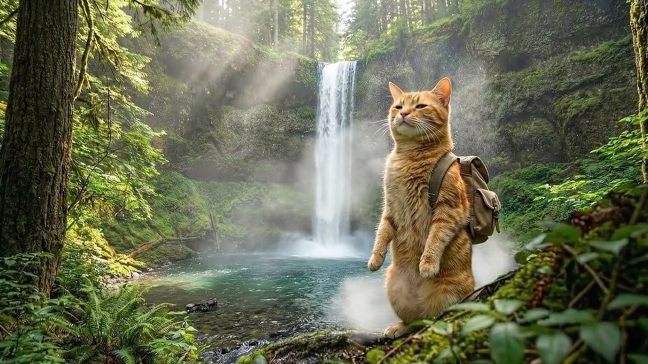 Brave AI Cat Goes Camping by a Magical Waterfall | Cinematic Adventure Story