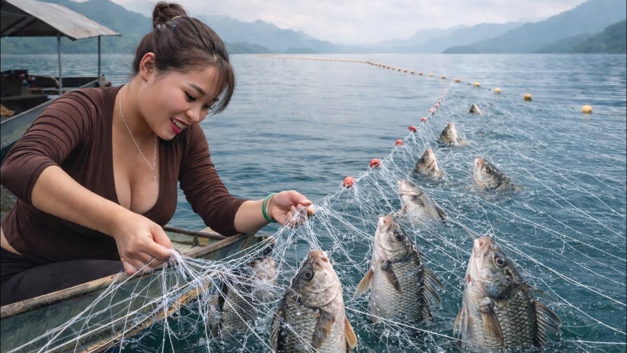 500m Net Across the Lake – Beautiful Girl’s Incredible Fishing Day
