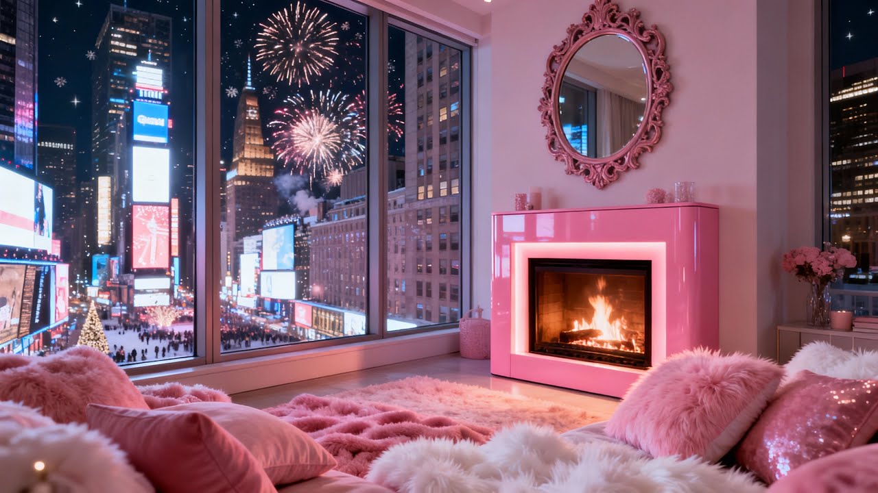 🎀✨ Pink New Year&rsquo;s Eve Above the City 🎆 Cozy Fireplace + Relaxing Festive Music