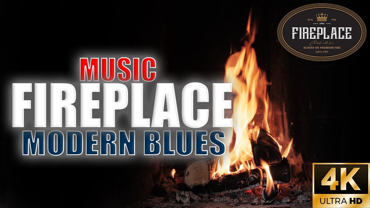 Modern Blues Music Fireplace | Burning & crackling fire sounds | Premium | Ultra HD 4K.