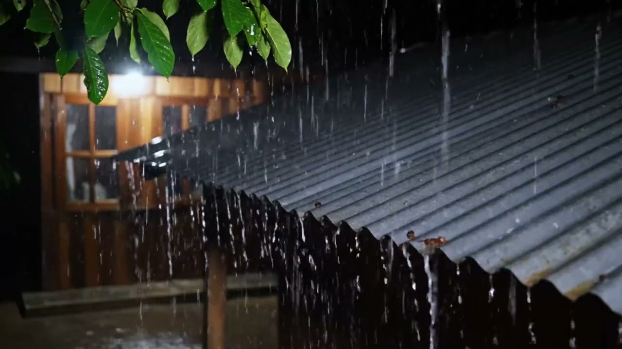 4K Video Peaceful Rural Night Rain with Distant Thunder