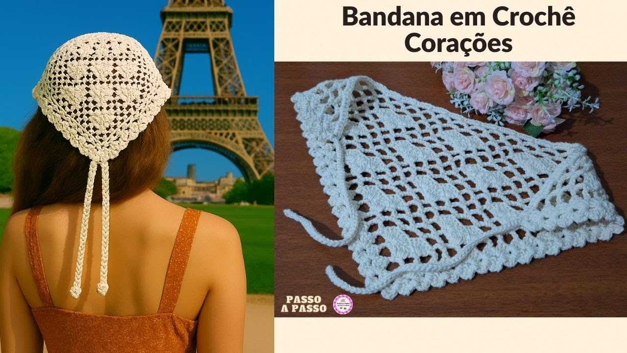 BANDANA/LENÇO DE CROCHÊ CORAÇÕES MUITO FÁCIL DE FAZER #crochet #crochettutorial #croche#crochê#short
