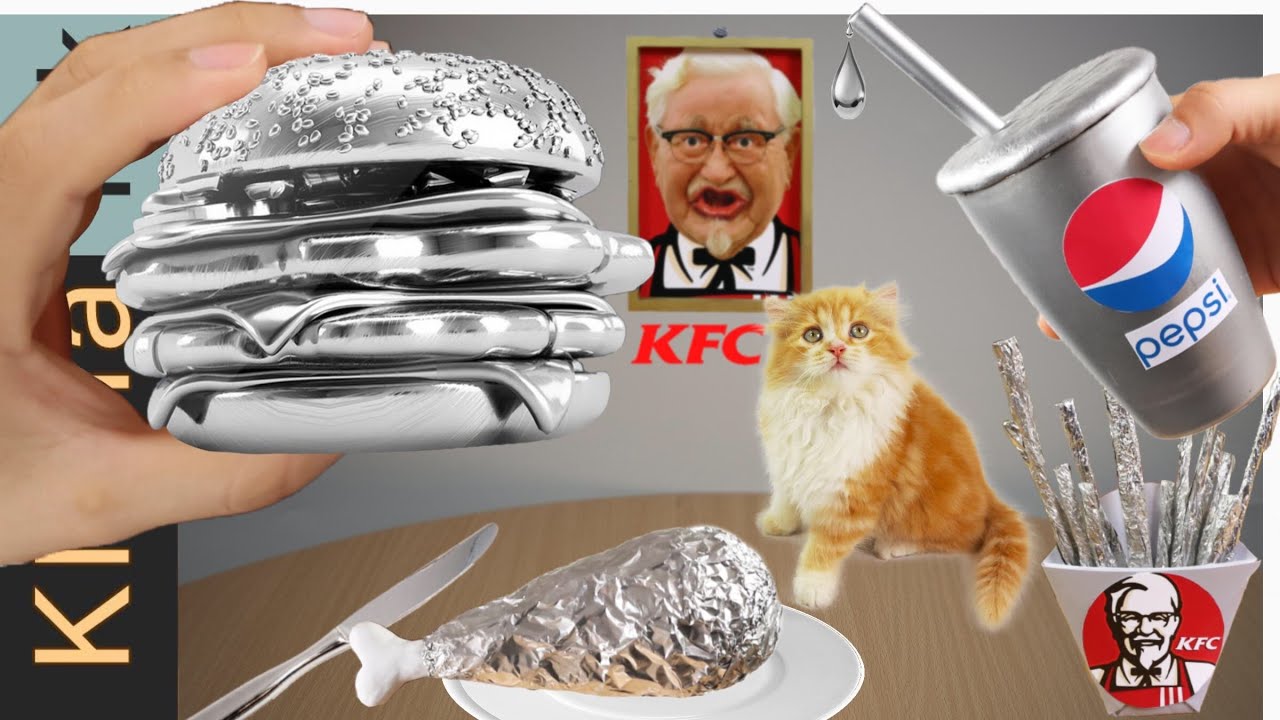 Eating Silver KFC (Hamburger, Chicken, Pesi) with Tom cat - ASMR MUKBANG no talking