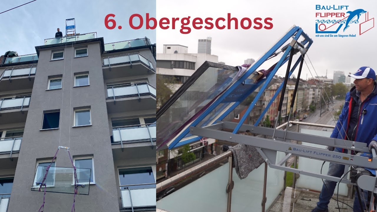 Baulift Flipper - Fenster in die sechste Etage - Einsatz in Düsseldorf - Fensterlift, Fensterkran