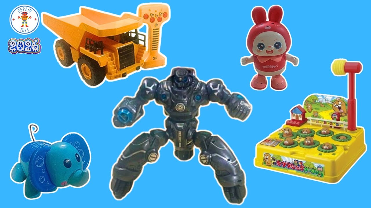 Repair five toys: rabbit, the whack-a-mole, the sand truck, elephant, fighting robot
