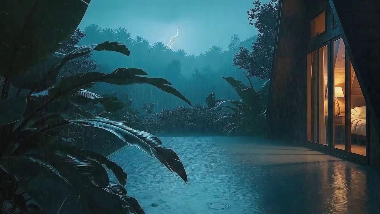 Sleep Instantly with SoftTropical Rain and Thunder Echo Around a Quiet Cabin 🌧️