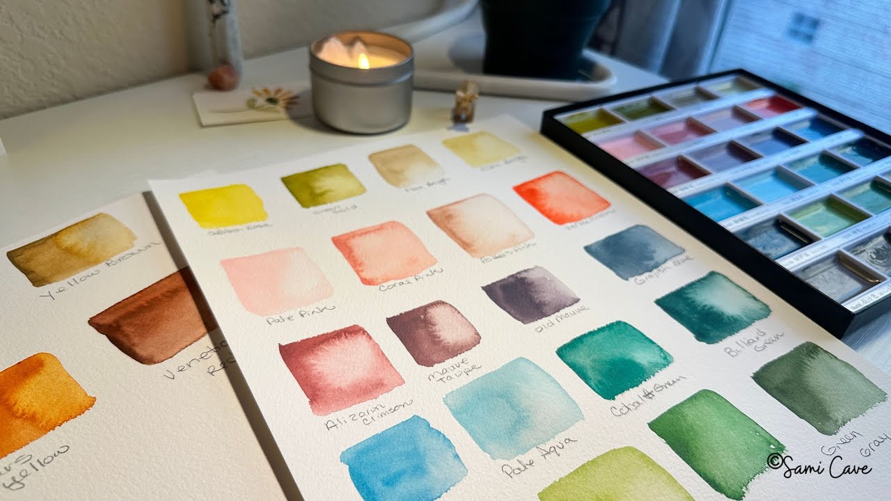 Cozy Watercolor Swatching by Candlelight- Kuretake Gansai Tambi Art Nouveau- #watercolors #swatching