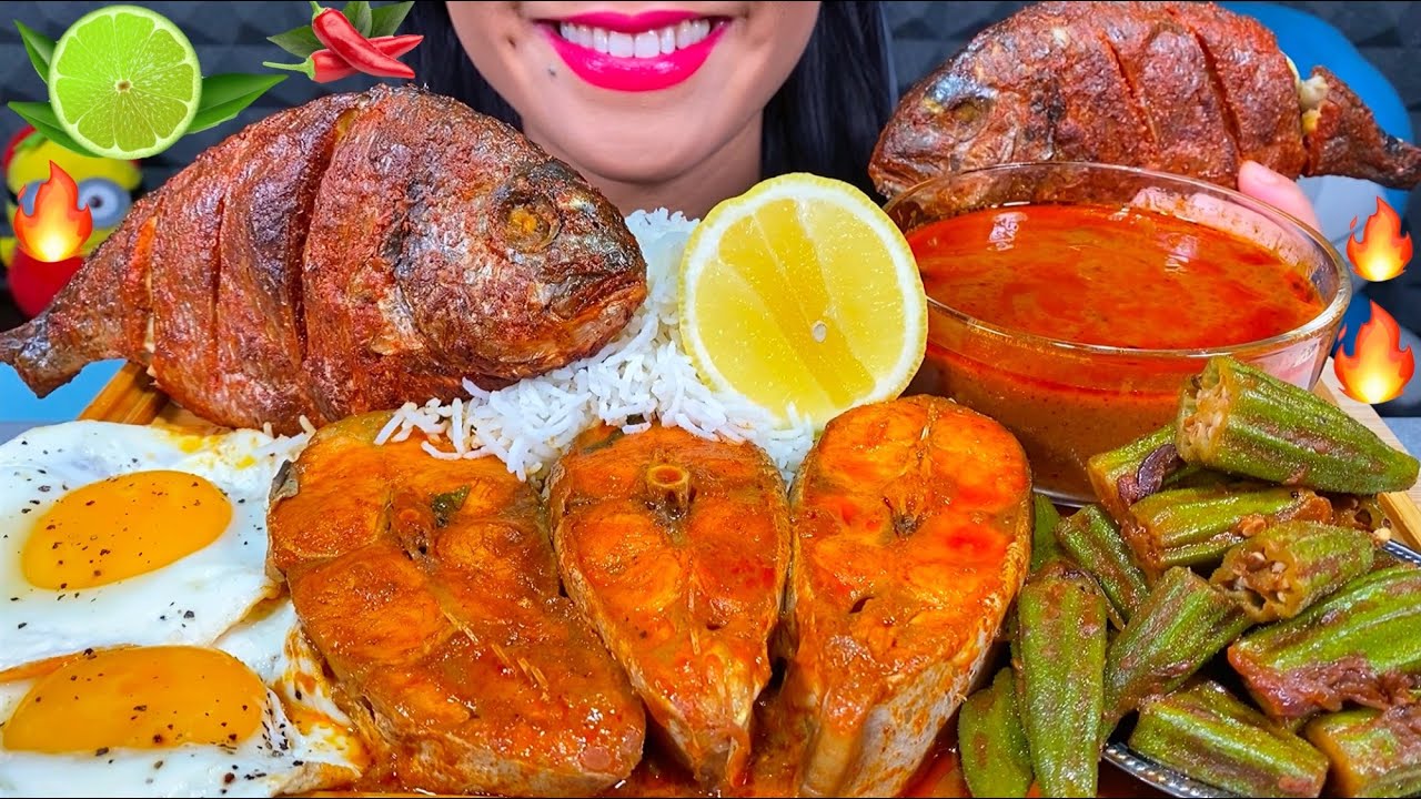 ASMR SPICY FISH CURRY, TANDOORI FISH, OKRA MASALA, EGGS, BASMATI RICE MASSIVE Eating Sounds