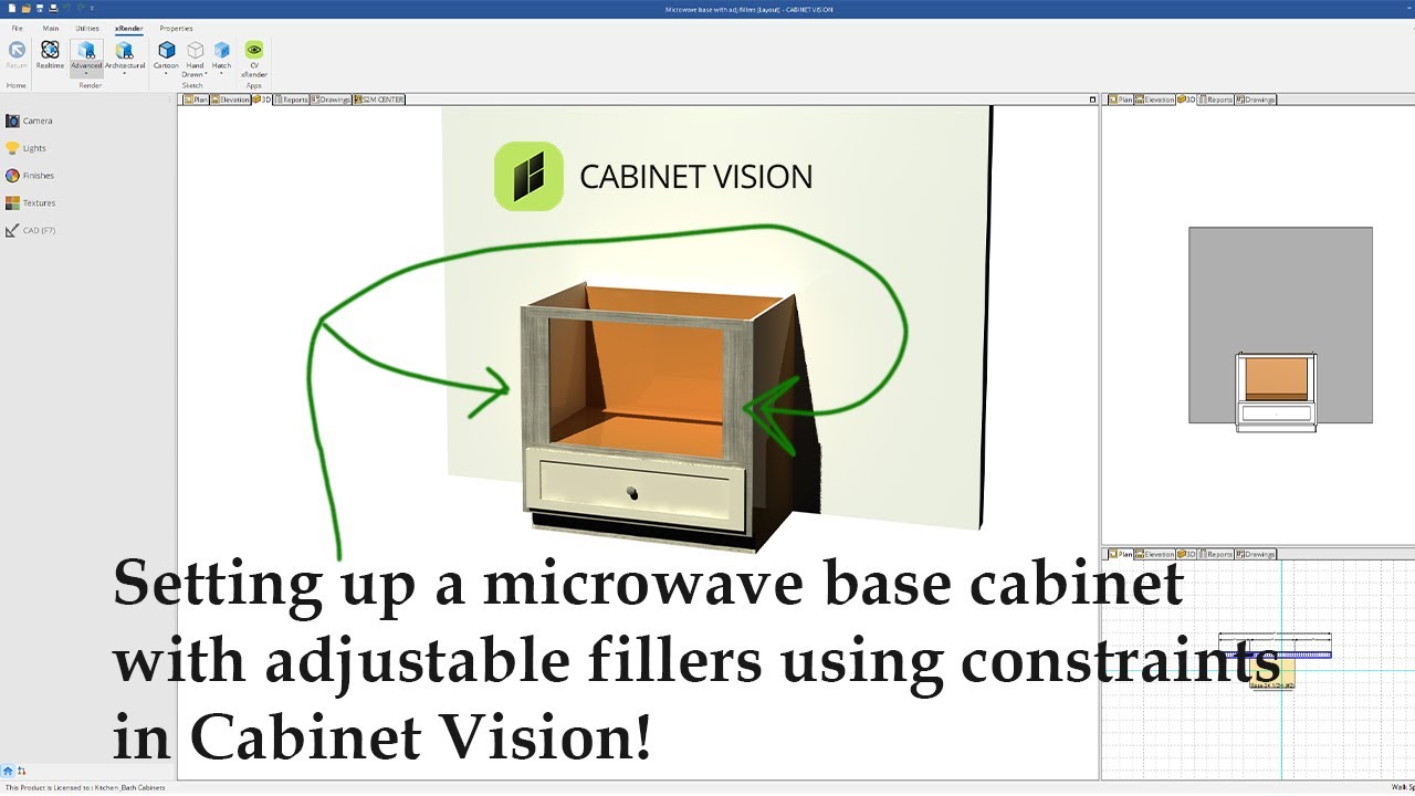 Designing a microwave base cabinet with adjustable fillers using constraints in Cabinet Vision