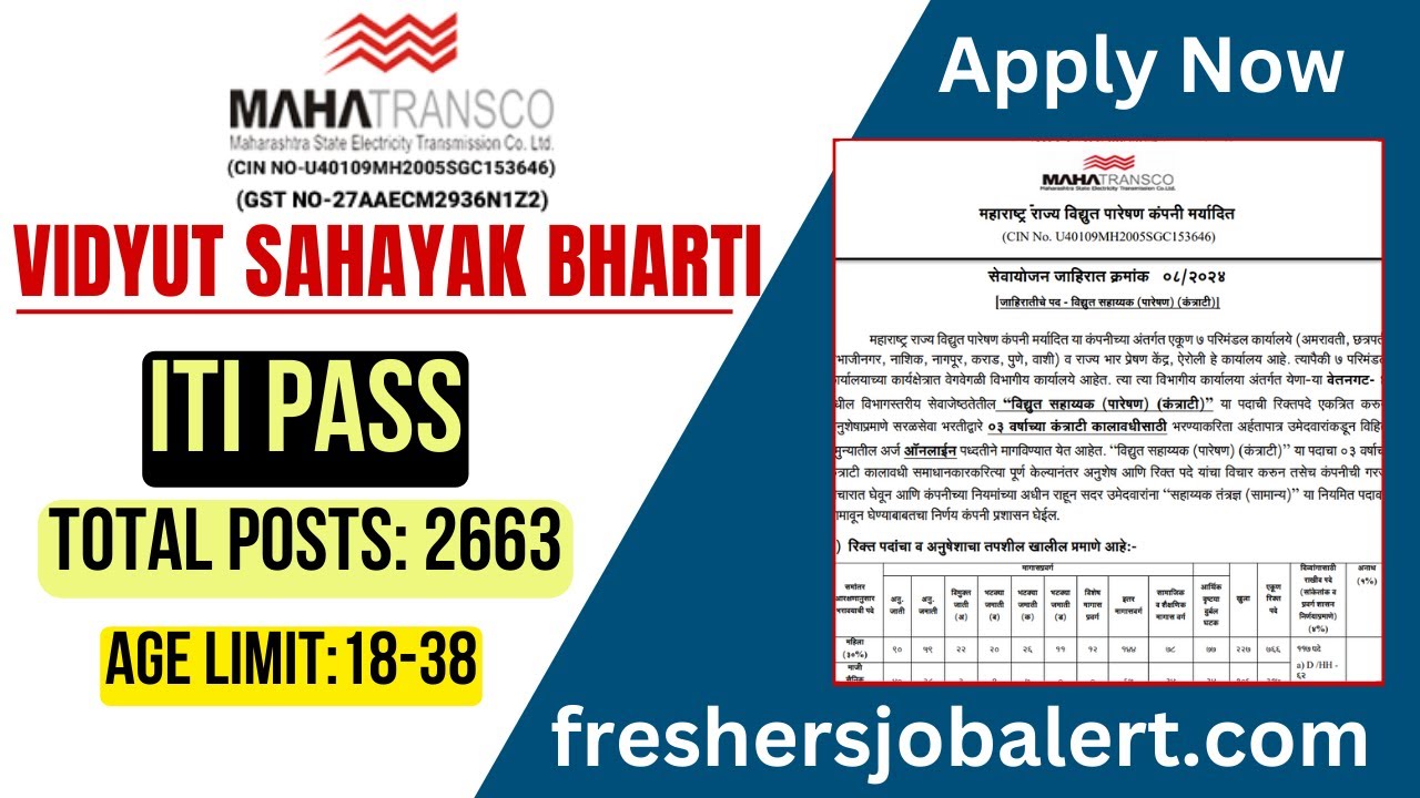 ITI Sarkari Job Vacancy 2024 | 2663 Vacancies | MAHATRANSCO Vidyut Sahayak Bharti 2024