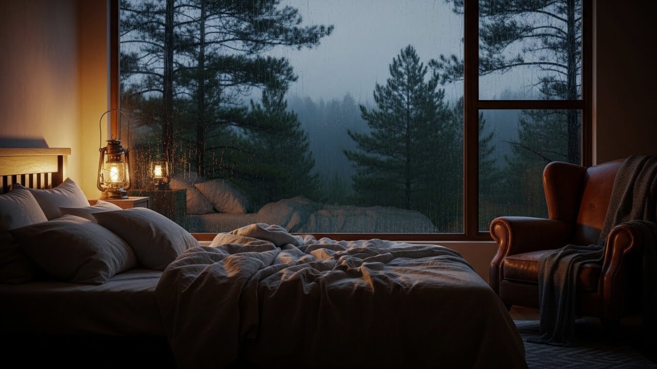 Relieve Anxiety Instantly: Dark Rainy Bedroom Ambience with Warm Lantern for Sleep & Study