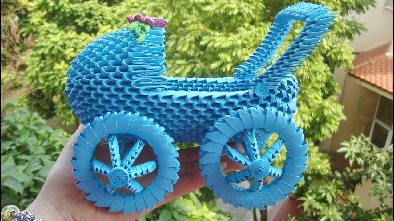 3D Origami Baby Carriage Tutorial ( can move ), making toy| cómo hacer carro de origami 3d