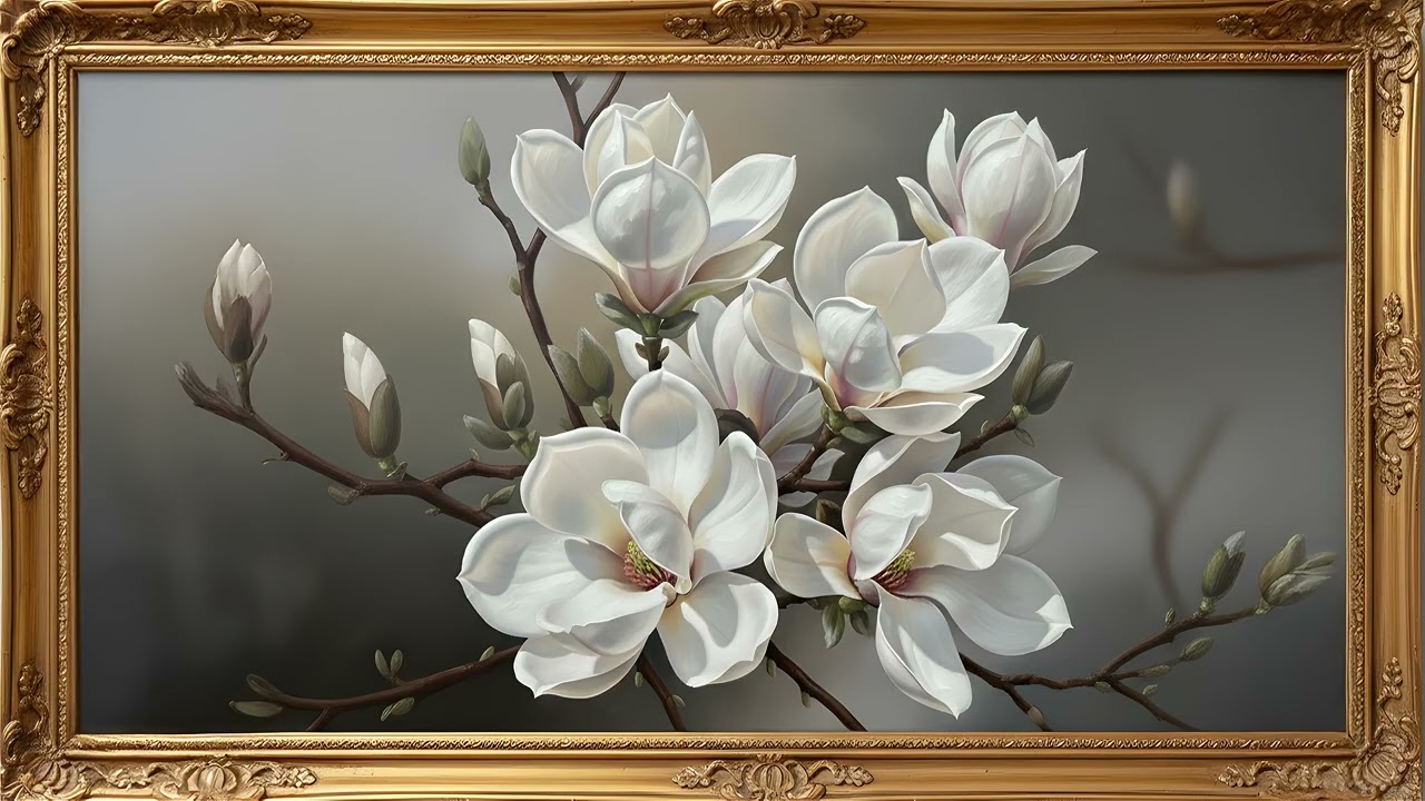 Elegant White Magnolia Art 4K | Luxury Gold Frame TV Wallpaper | 2 Hour Floral Screensaver