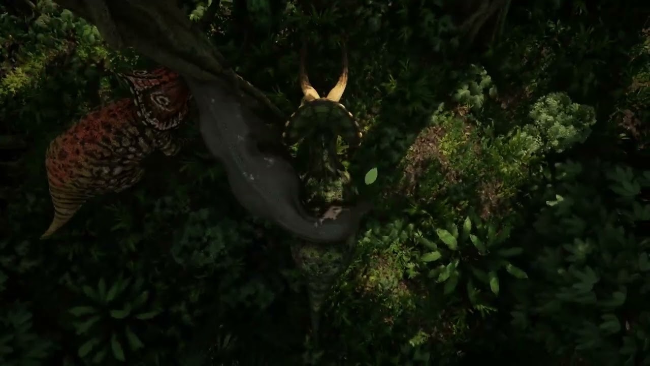Eotriceratops Herd chase Tyrannosaurus Rex off Cliff in Tropical Savannah