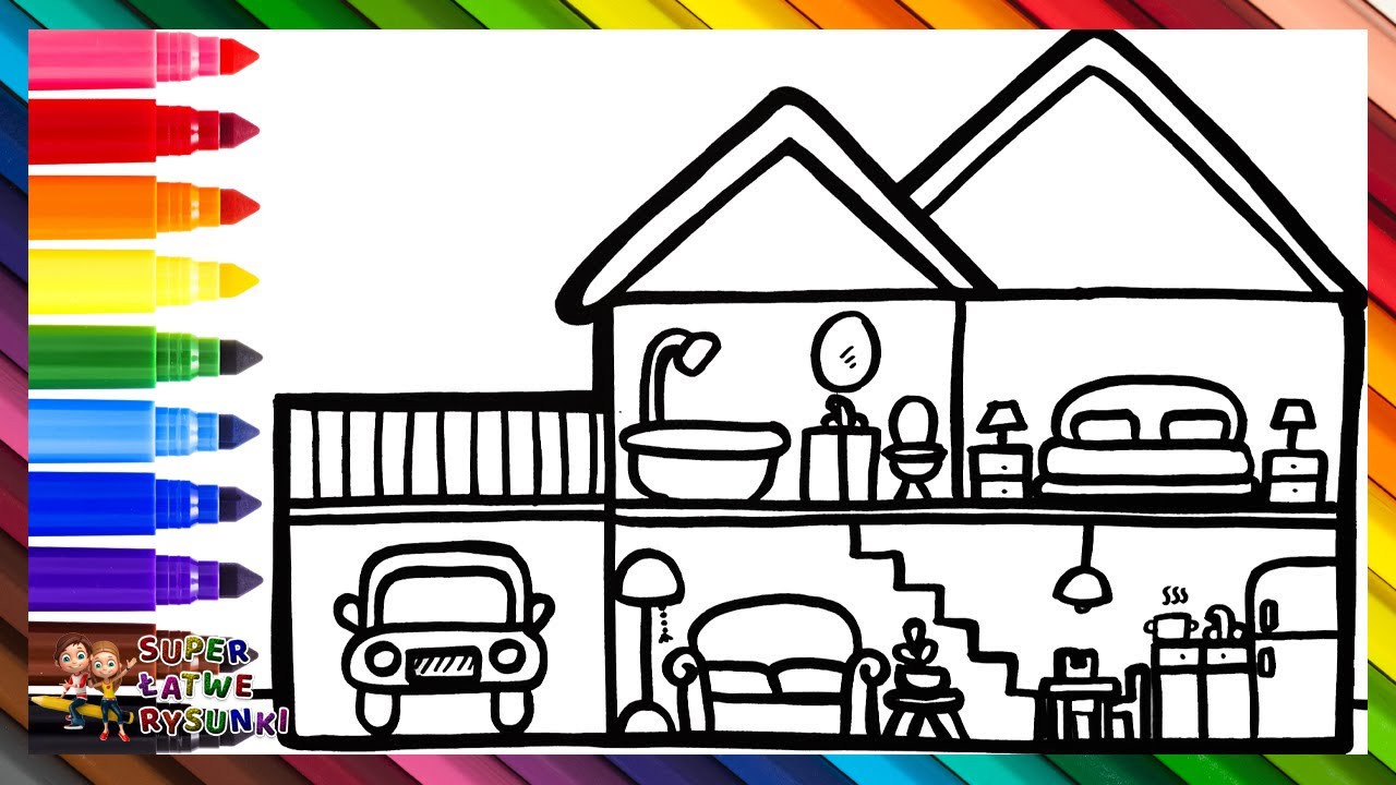 Rysuj i koloruj wielką rezydencję 🏠🚗🛋️🚽🛏️🌞🌈 rysunki dla dzieci