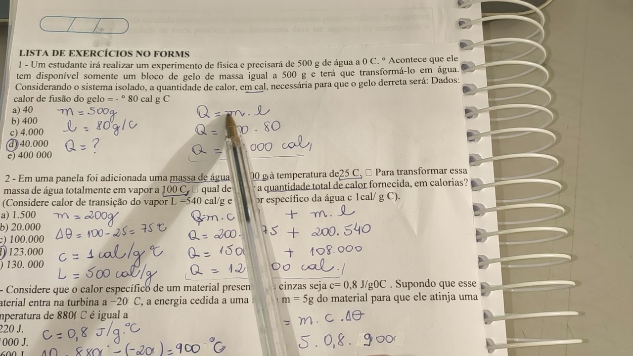 Calorimetria - calor sensível, calor latente e capacidade térmica (exercícios)