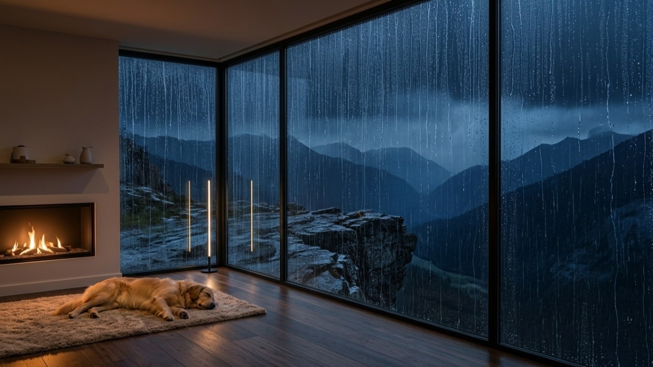 Chuva Forte Constante em Altas Paredes de Vidro à Noite (3 Horas) | Golden Retriever Dormindo