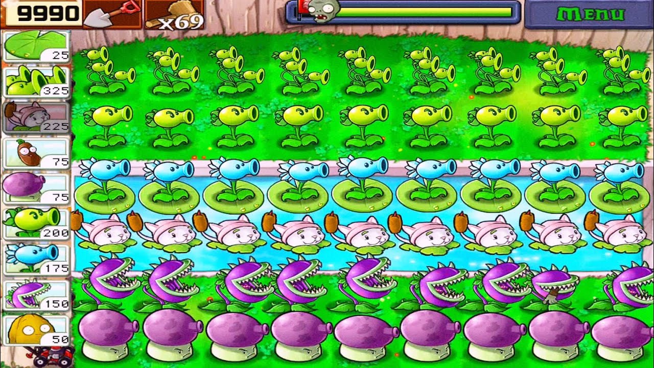 Plants vs Zombies • Fume shroom, Chomper, Cattail, Snow Pea, Repeater, Three Pea vs All Out Zombies