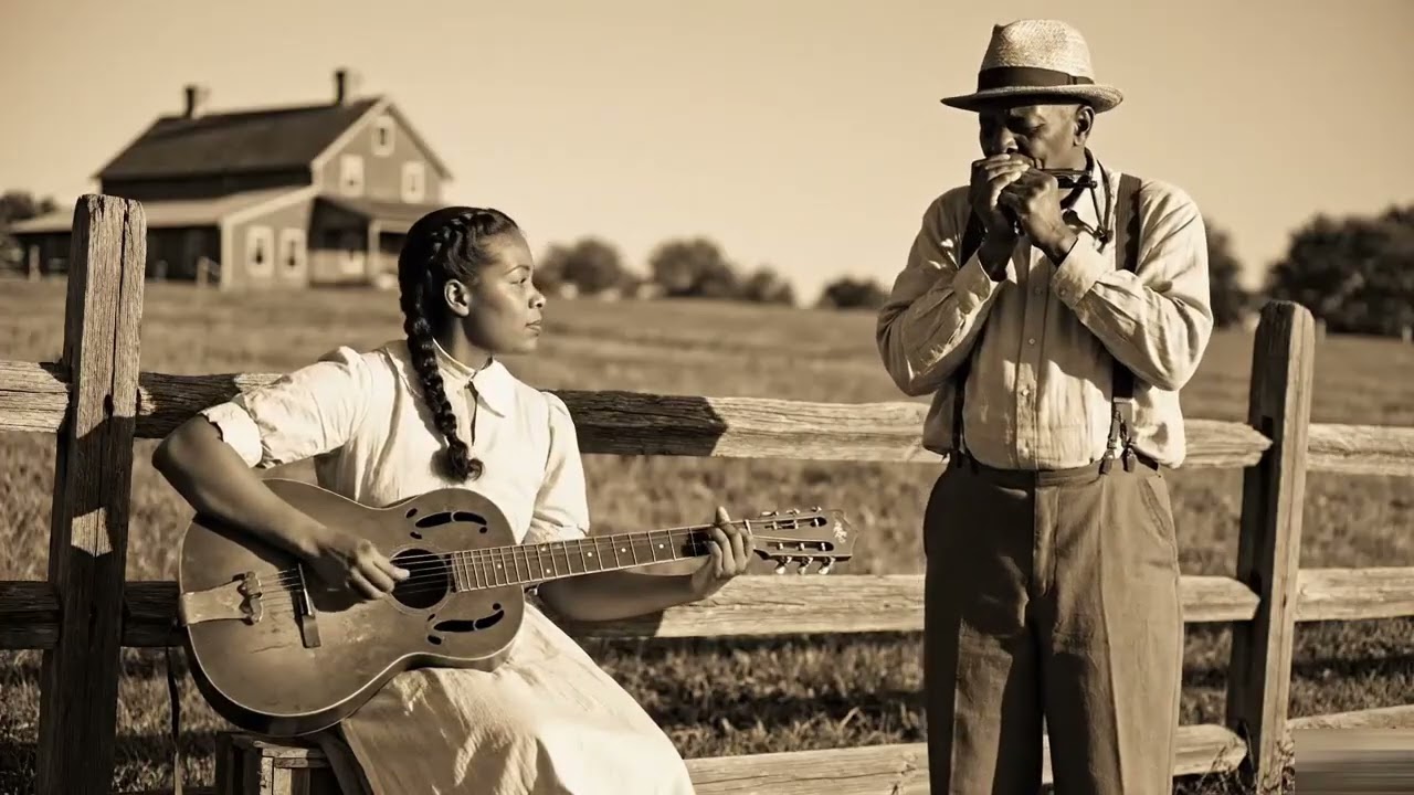 Old Style Country Blues Harmonica and Acoustic Guitar Echoing Through Southern Fields