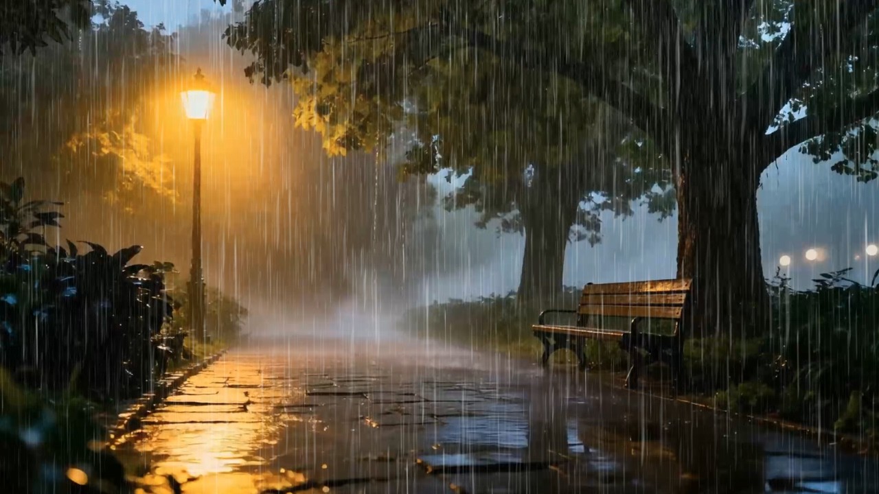 Heavy Rain Sounds at Night Along Quiet City Park Riverside Path for Deep Sleep | Gentle Rain