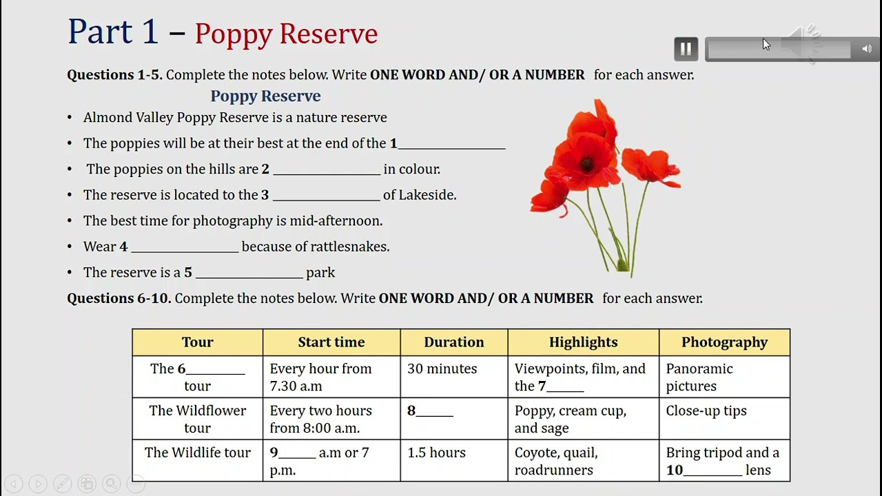 IELTS listening actual test Part 1: Poppy Reserve (answer+ transcript)