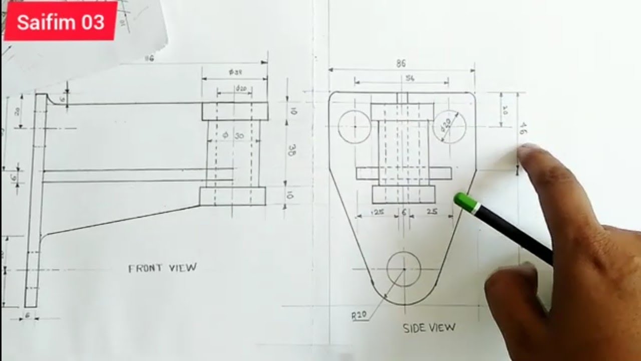 Wall Bracket, Side View, Third Angle Projection, Part-IInd, Machine Drawing, #Saifim03