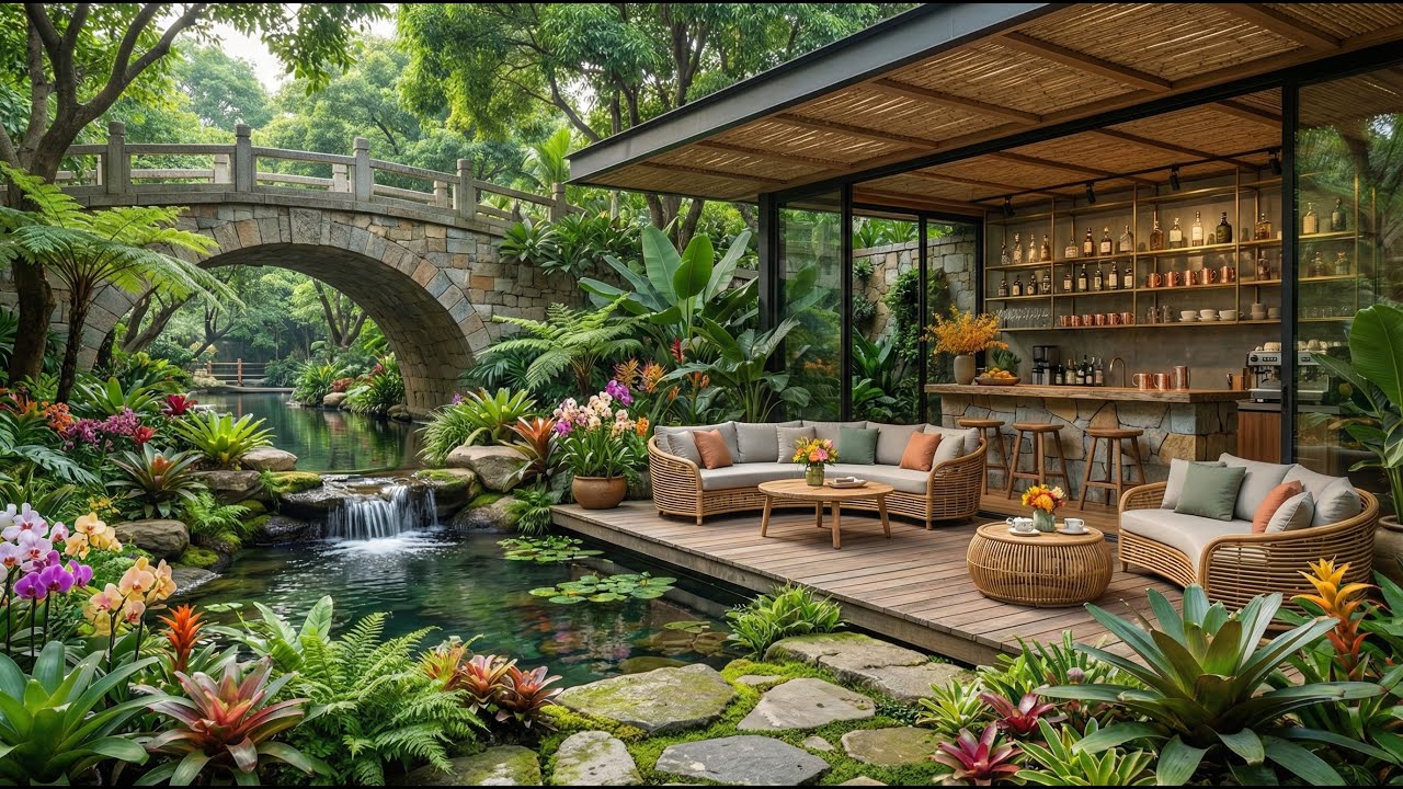 Fresh Outdoor Coffee Jazz at a Forest Waterfall 🍃 Smooth Jazz with Soft Strings & Nature Ambience