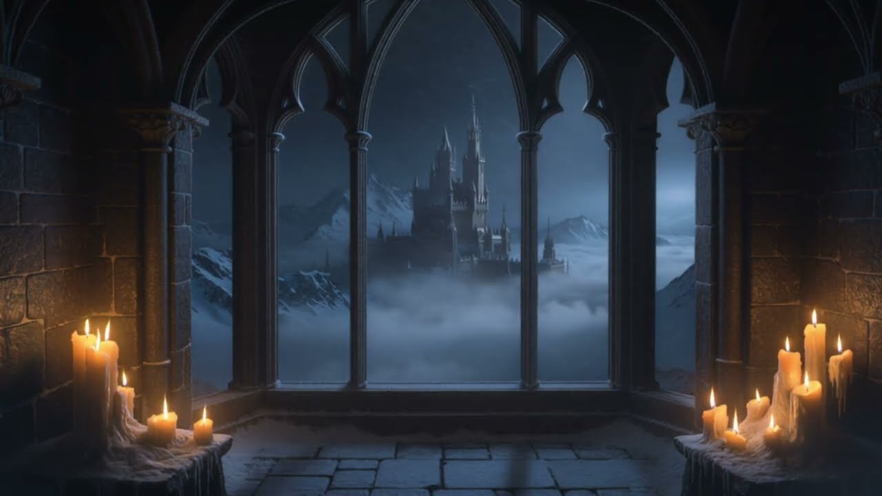 Dark Fantasy Castle View | Snowstorm & Strong Winds Ambience | 8 hours