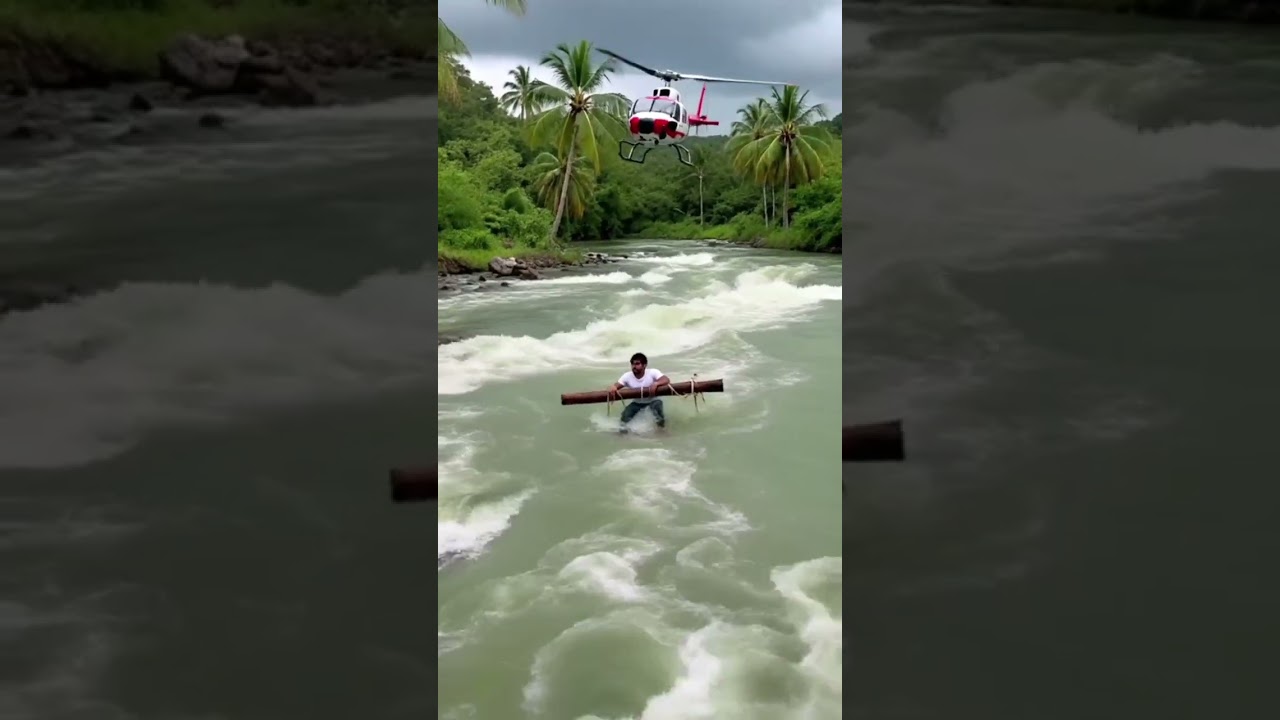 Young Man Trapped in Raging Flood#FloodRescue #HelicopterRescue #SurvivalStory #NaturalDisaster