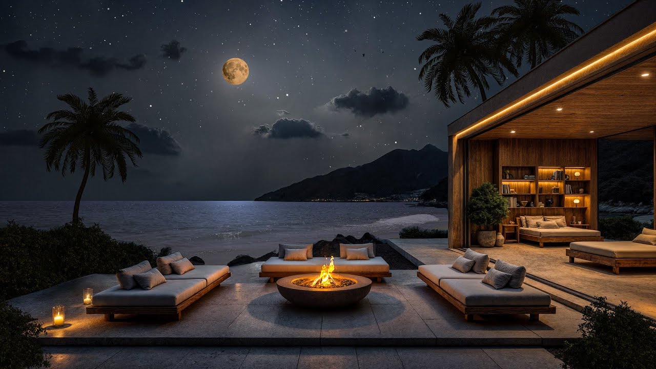 Serene Jazz In A Moonlit Oceanside Terrace &ndash; Gentle Jazz In A Warm Firelit Coastal Lounge
