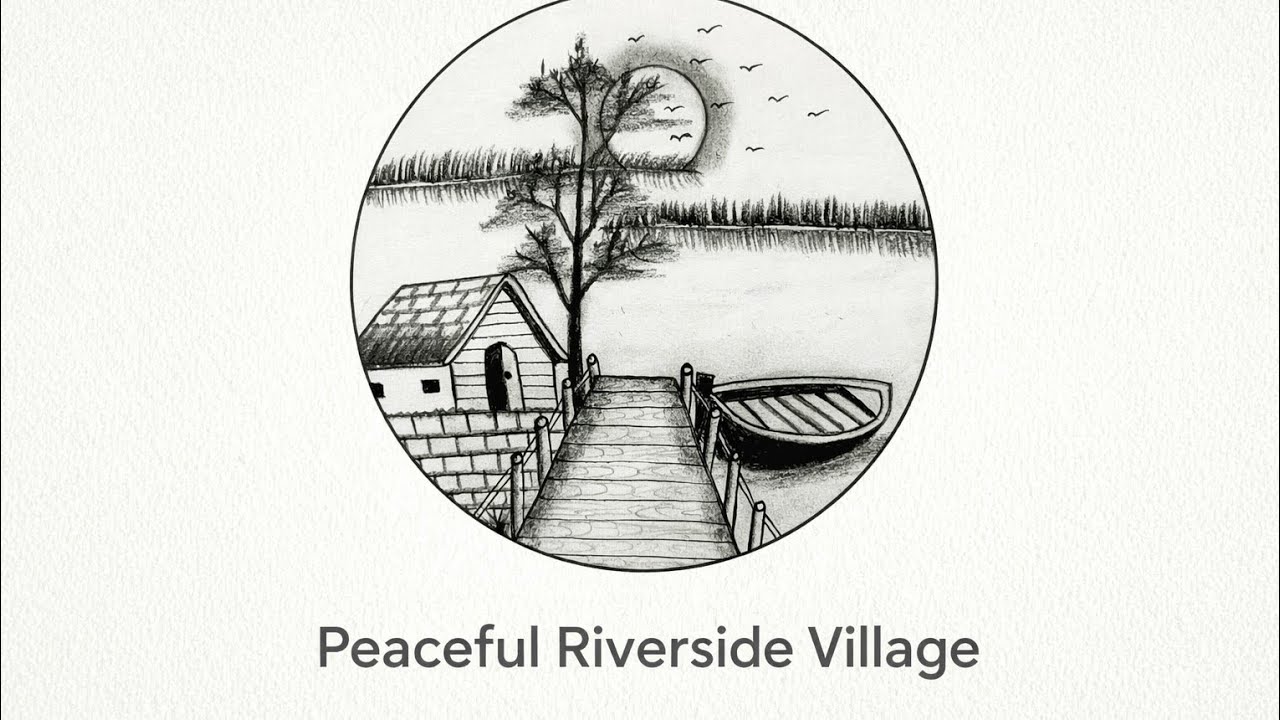 Peaceful Riverside Village Scenery Drawing – Relaxing Pencil Art