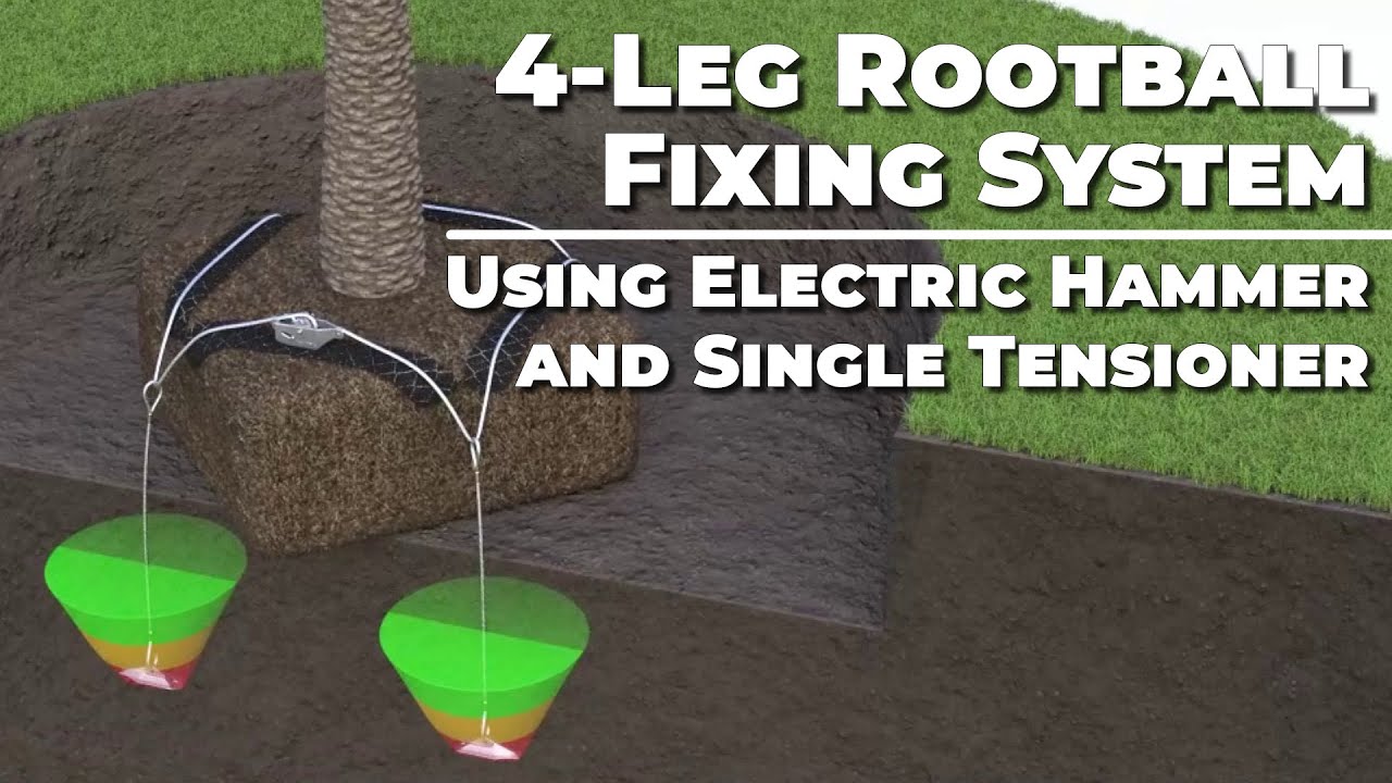 Tree Stabilization using 4 Leg Rootball Fixing System, Single Tensioner - Electric Hammer: RF1P/RF2P